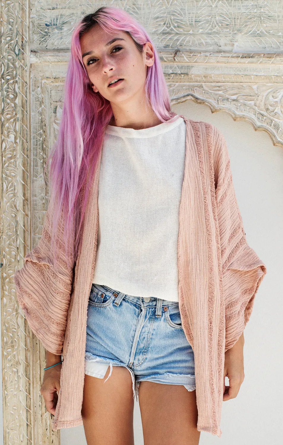 RAW SHREDDED KIMONO DUSTY PINK