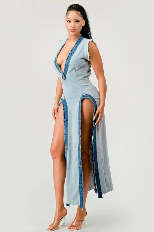 Sexy V-Neck Denim Front Panel Pullover Dress