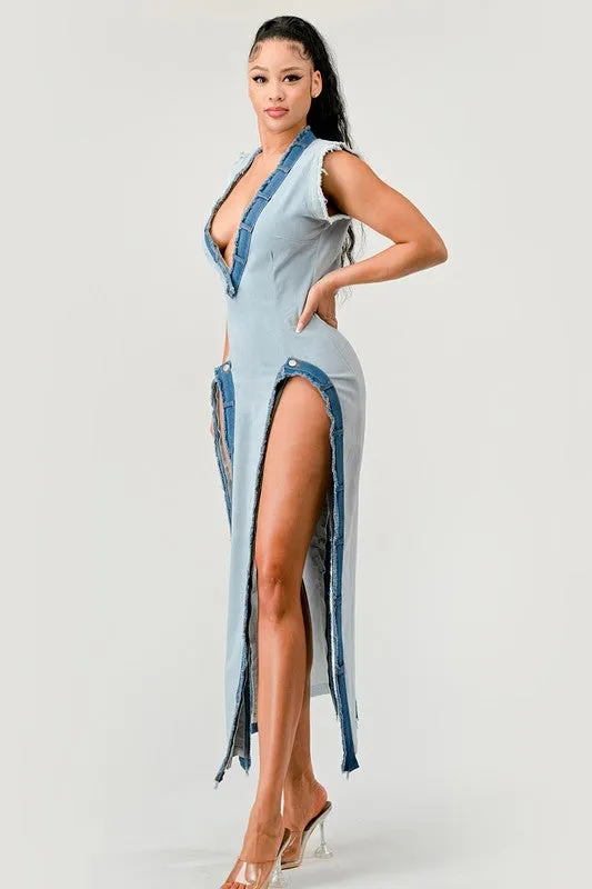 Sexy V-Neck Denim Front Panel Pullover Dress