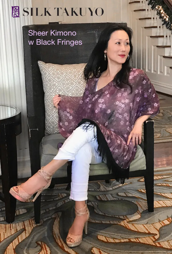Sheer Kimono, Dark Red Brown Night Cherry Blossom