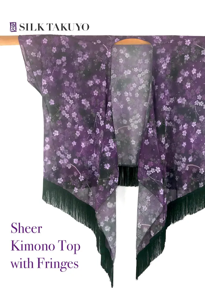 Sheer Kimono, Dark Red Brown Night Cherry Blossom