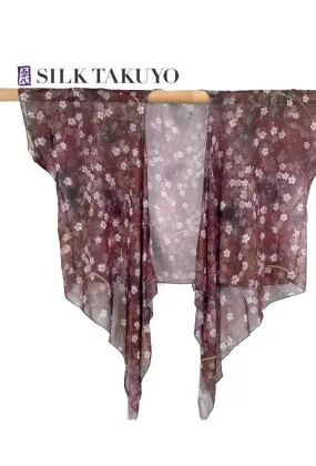 Sheer Kimono, Dark Red Brown Night Cherry Blossom