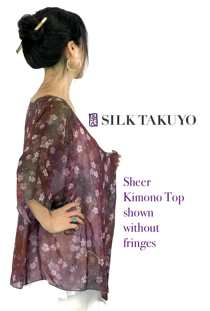 Sheer Kimono, Dark Red Brown Night Cherry Blossom