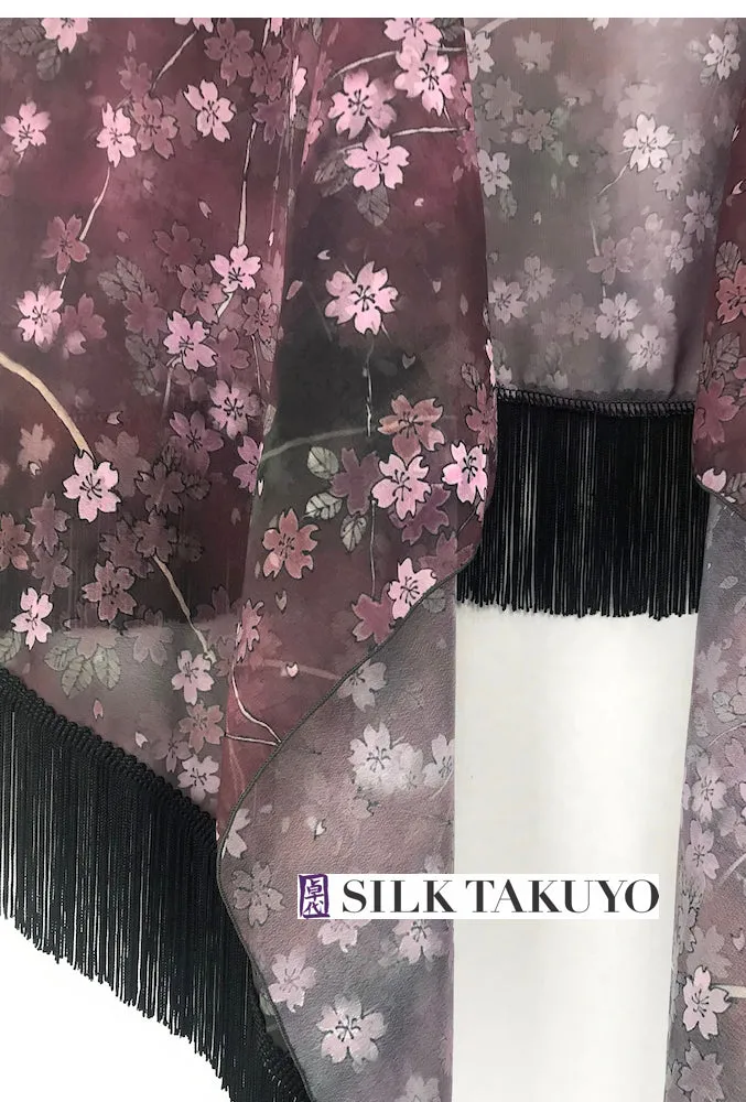 Sheer Kimono, Dark Red Brown Night Cherry Blossom