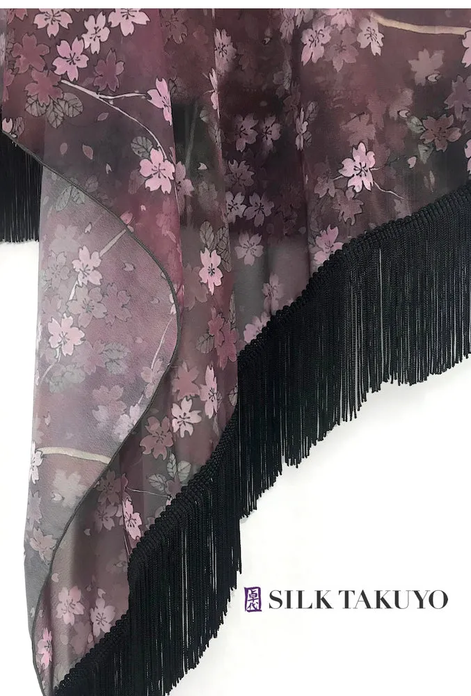 Sheer Kimono, Dark Red Brown Night Cherry Blossom