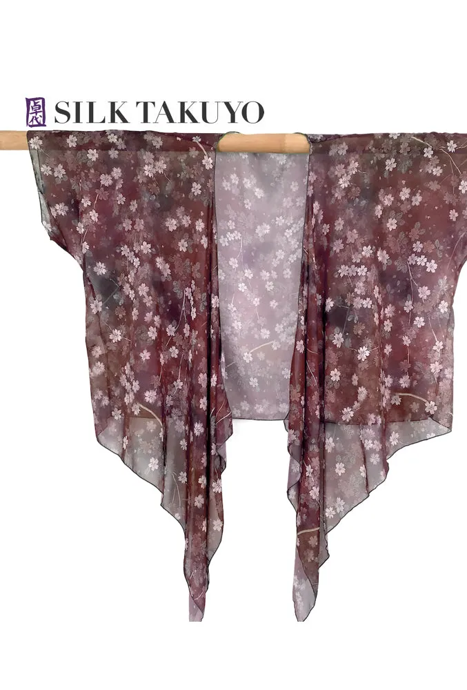 Sheer Kimono, Dark Red Brown Night Cherry Blossom