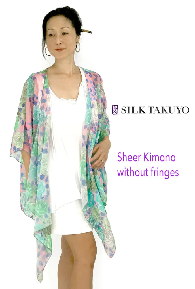 Sheer Kimono, Dark Red Brown Night Cherry Blossom