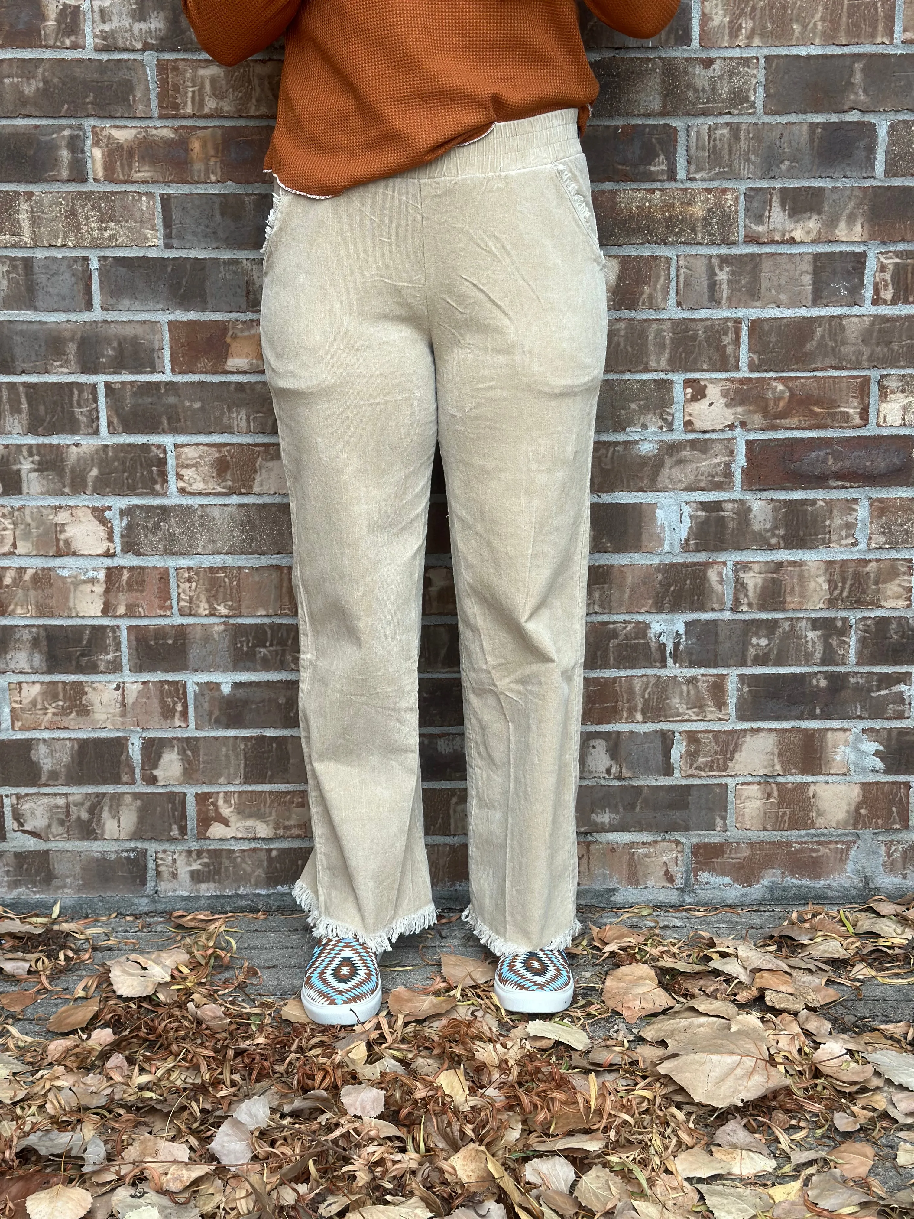 Tan Wide Leg Frayed Corduroy Pants
