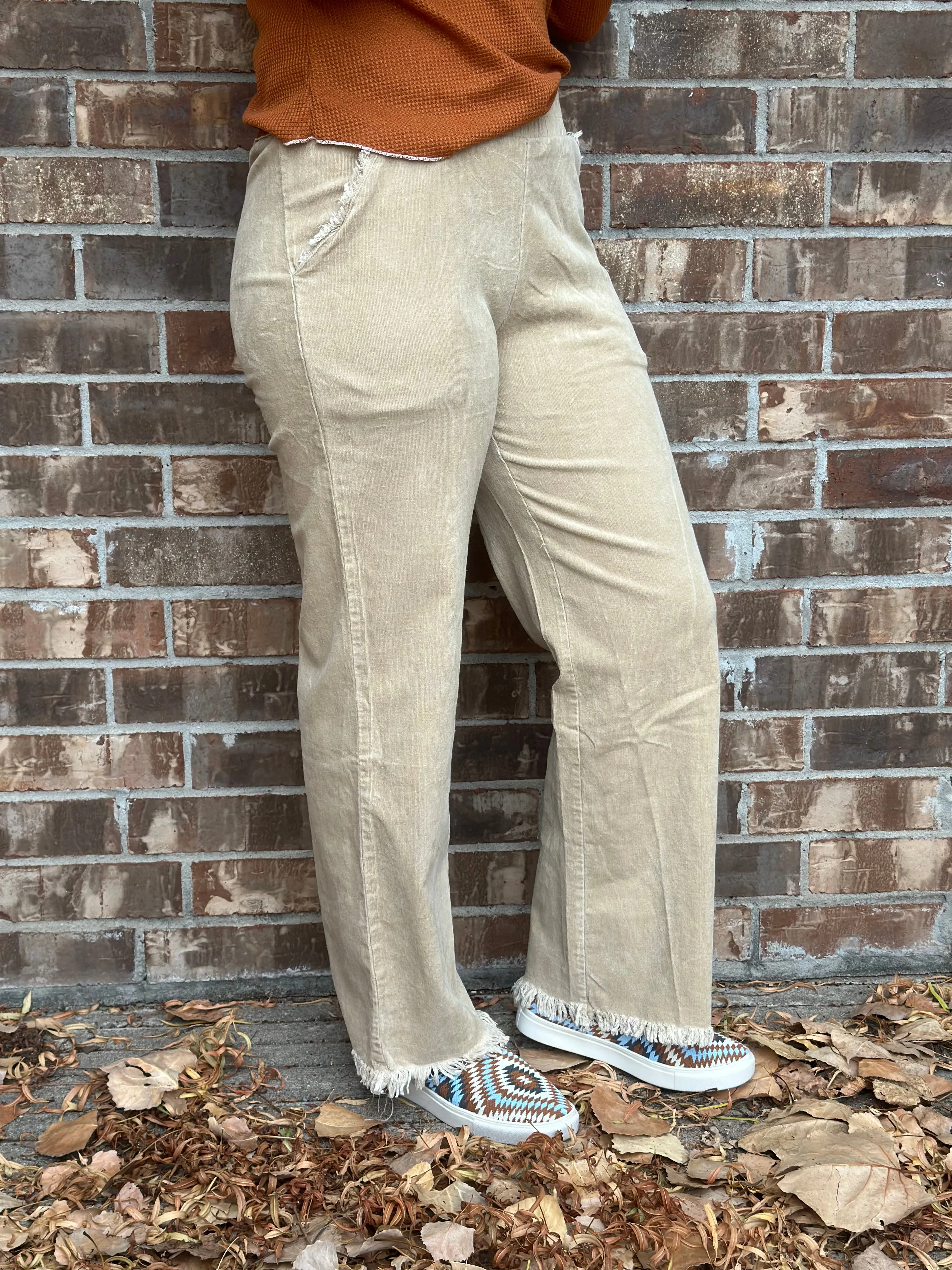 Tan Wide Leg Frayed Corduroy Pants