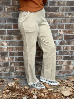 Tan Wide Leg Frayed Corduroy Pants