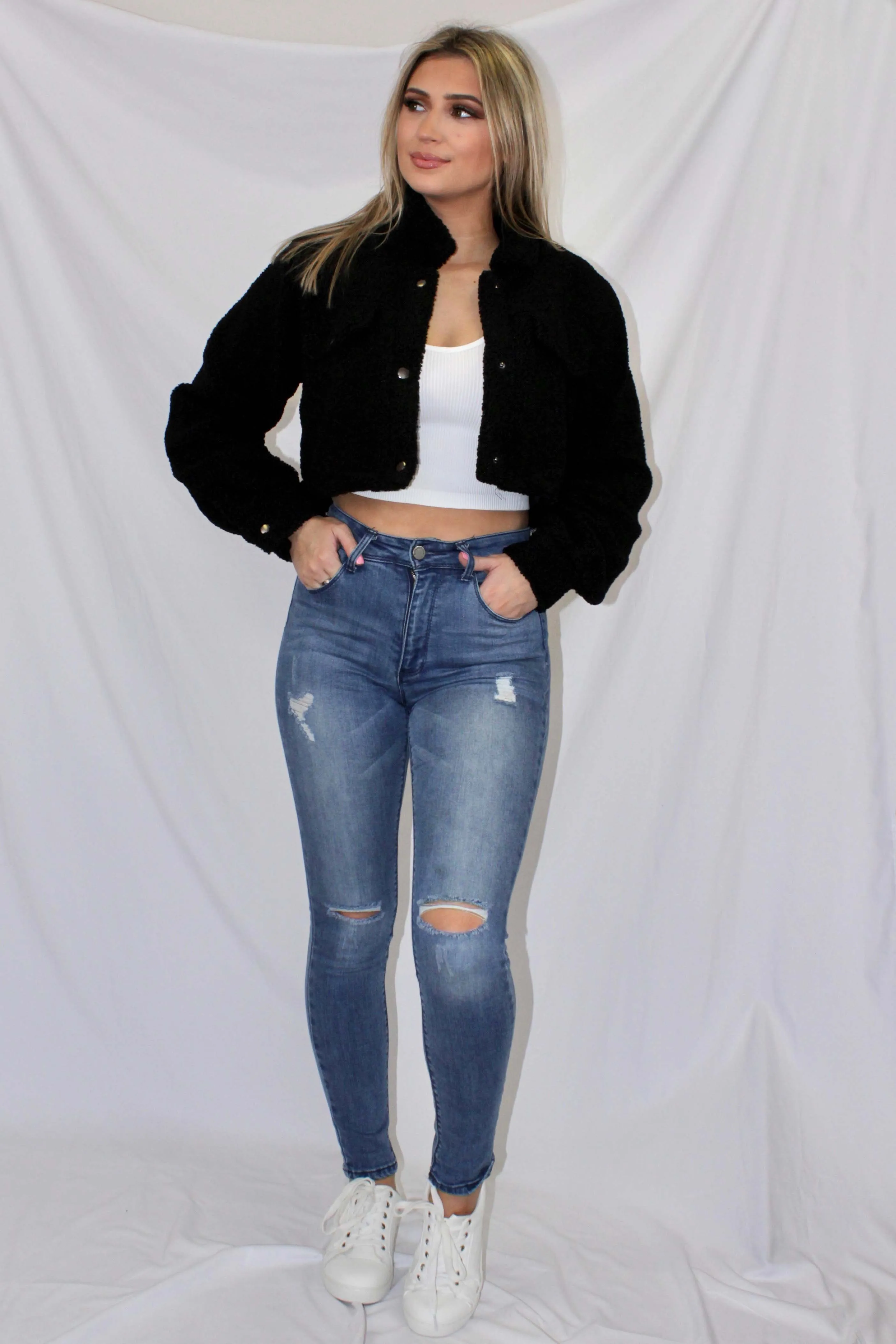 Teddy Crop Jacket- Black