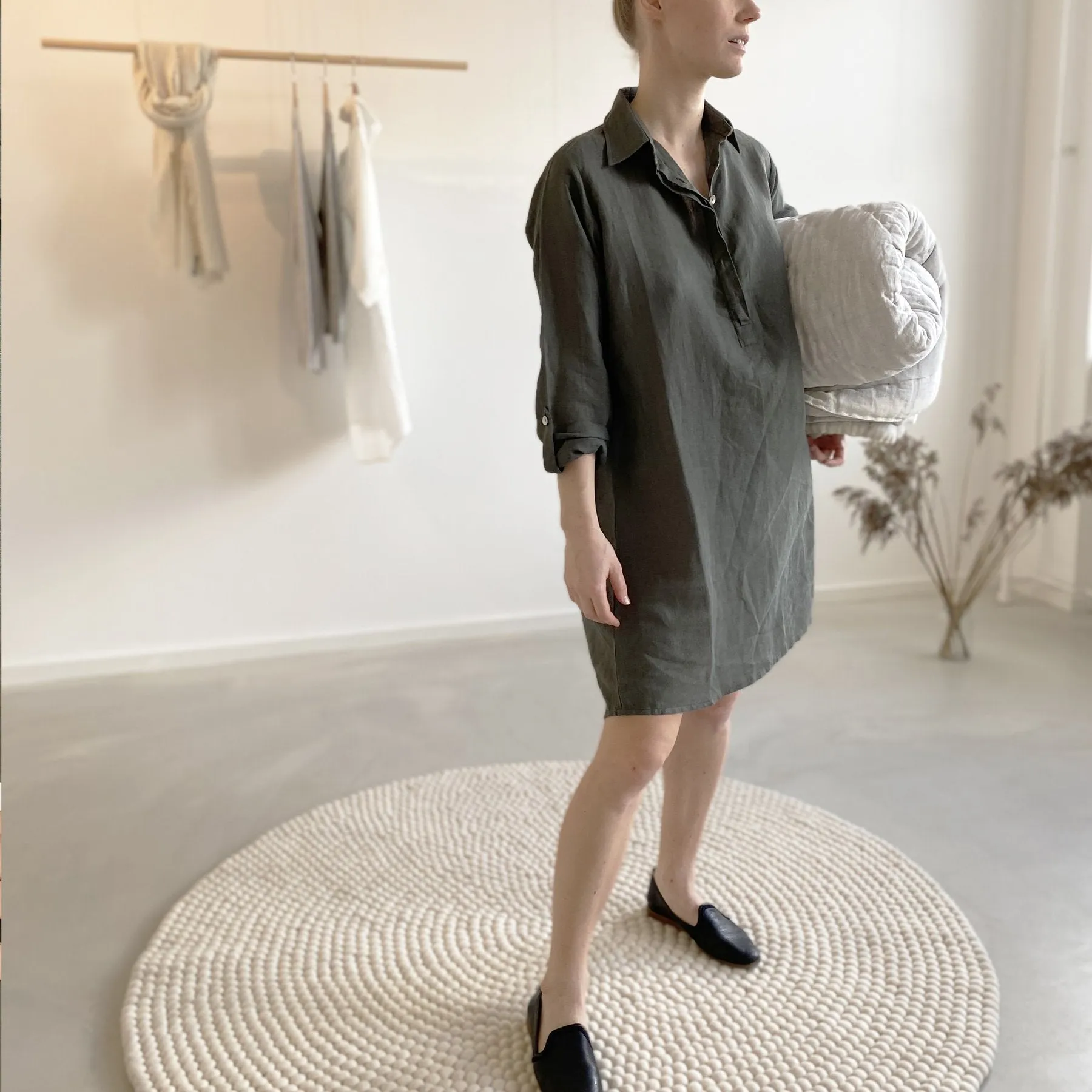 THESSA Linen Shirt Dress BLACK