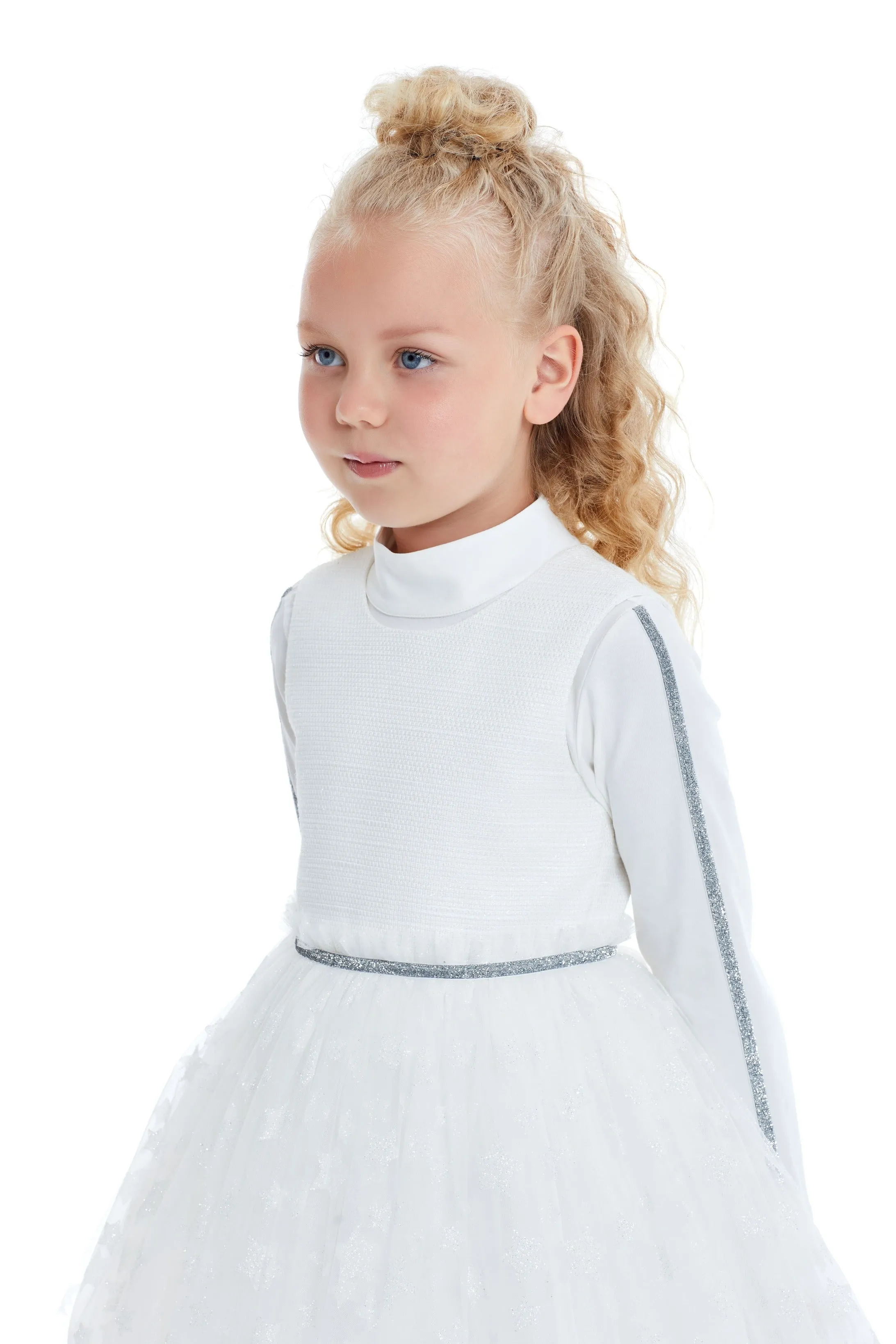 White Christmas Girls Outfit Set with Sleeveless Dress and long-sleeved shirt