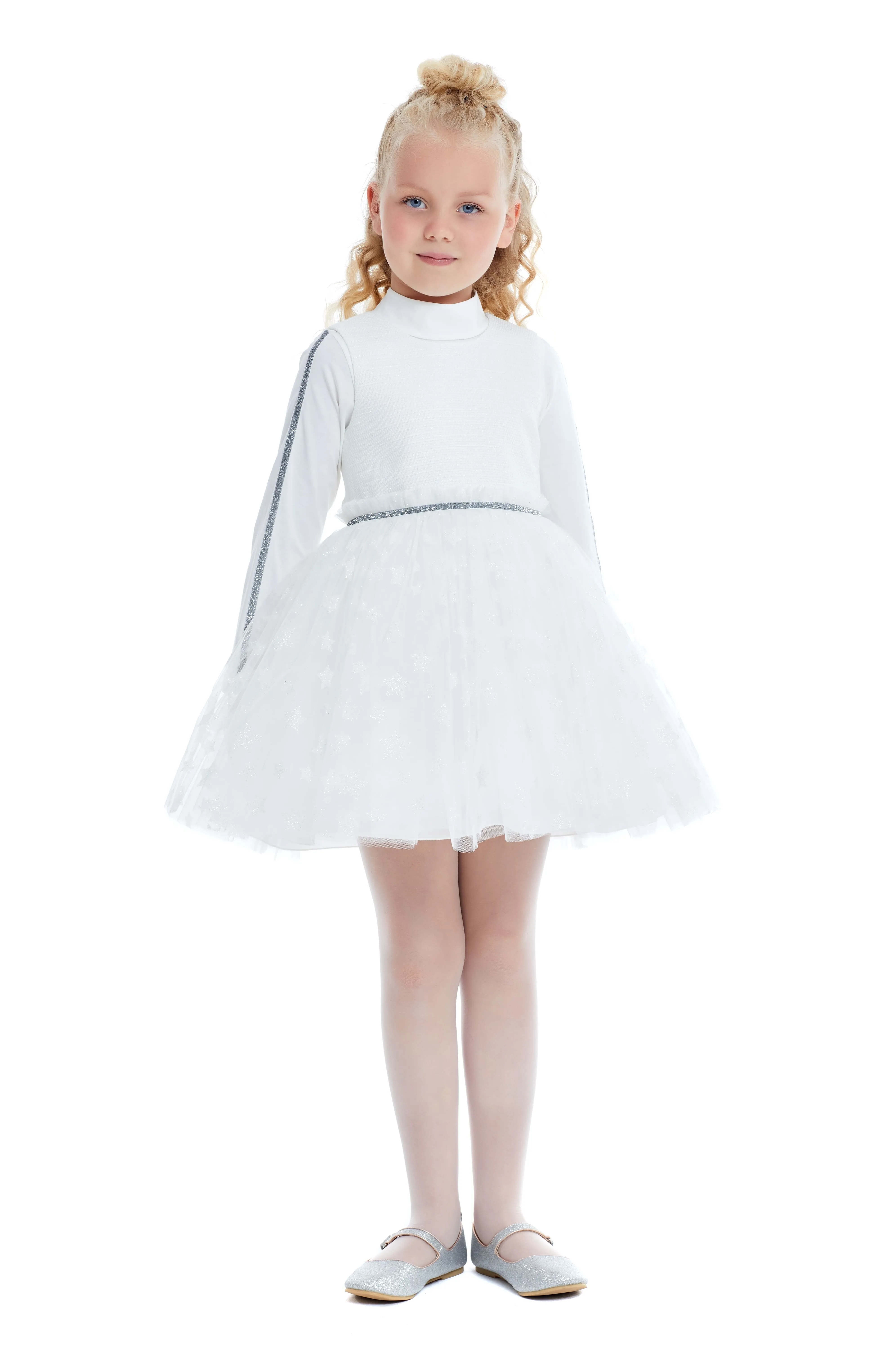 White Christmas Girls Outfit Set with Sleeveless Dress and long-sleeved shirt