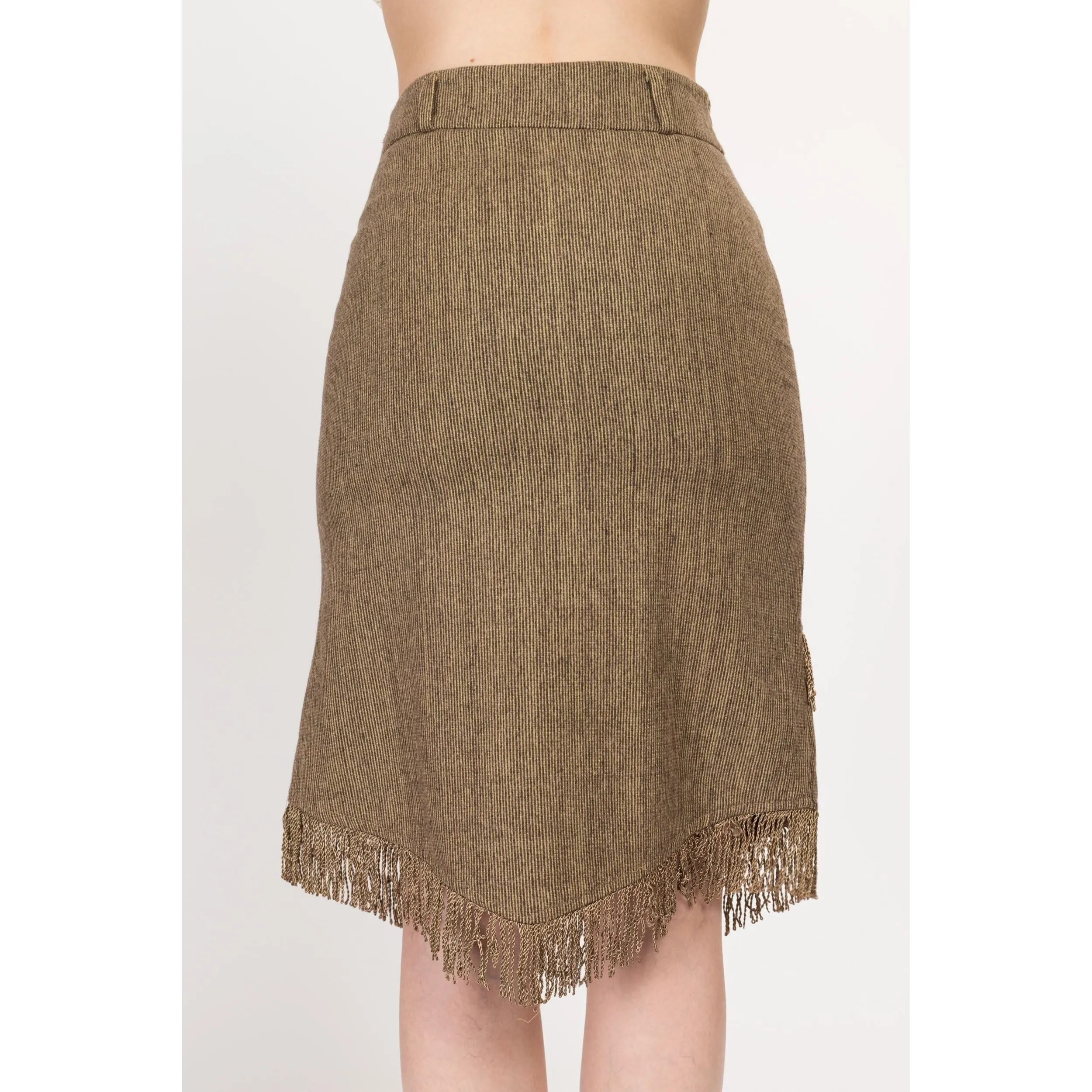 XS 90s Boho Olive Fringe Midi Skirt 25"