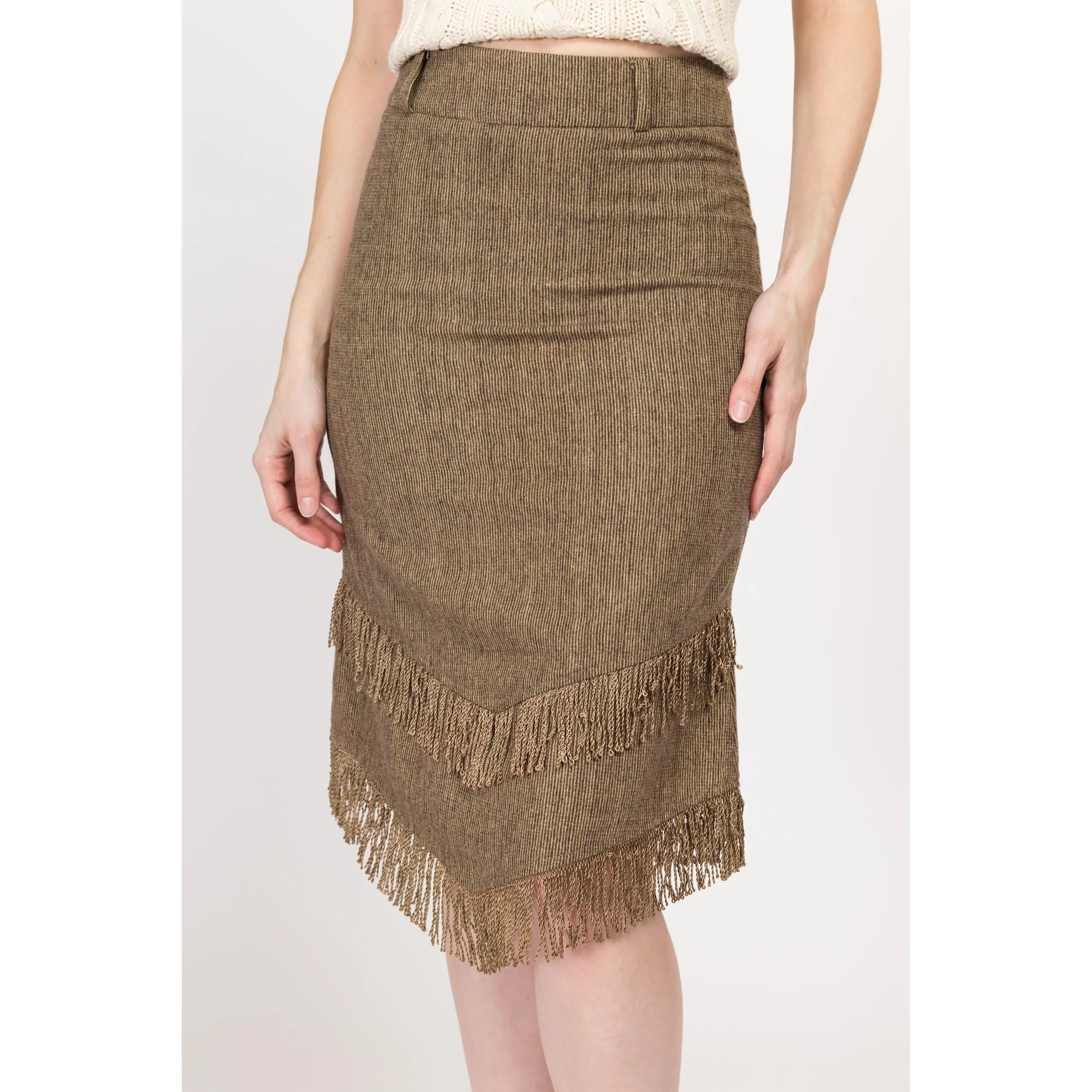 XS 90s Boho Olive Fringe Midi Skirt 25"
