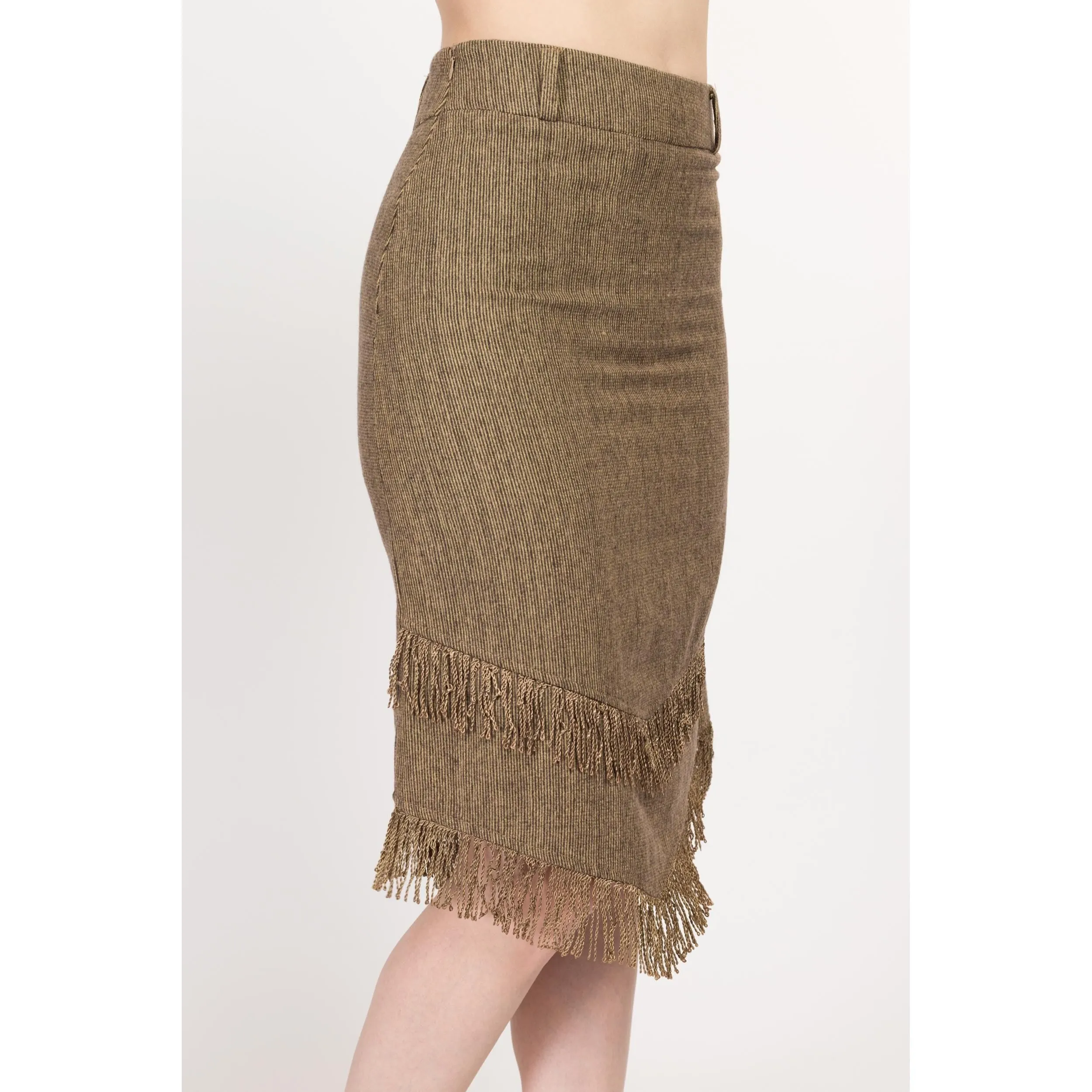 XS 90s Boho Olive Fringe Midi Skirt 25"