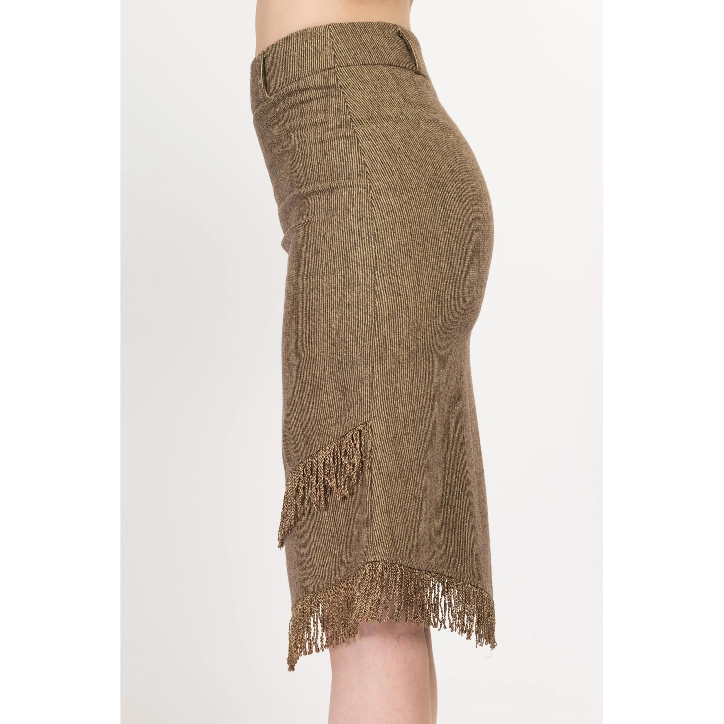 XS 90s Boho Olive Fringe Midi Skirt 25"