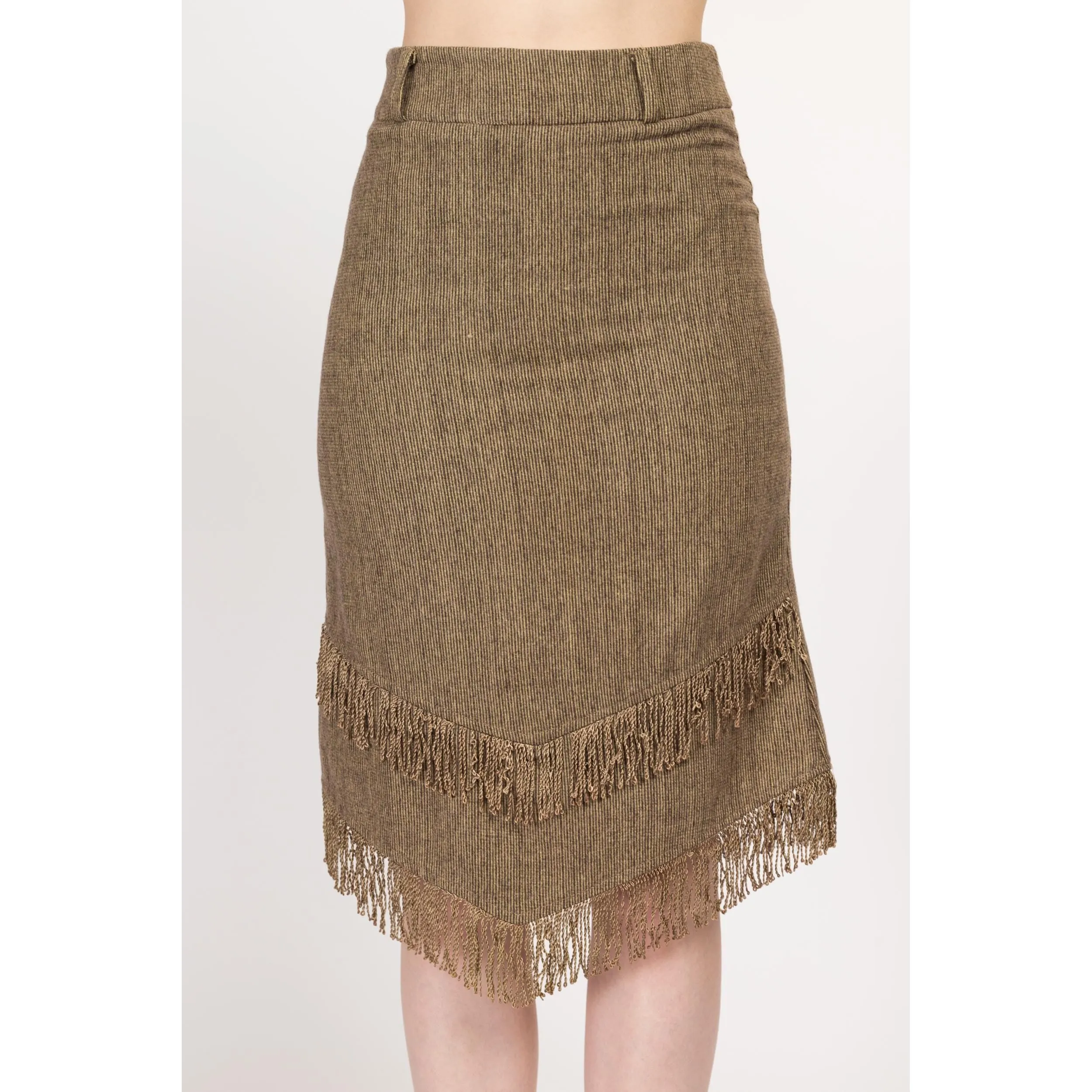 XS 90s Boho Olive Fringe Midi Skirt 25"