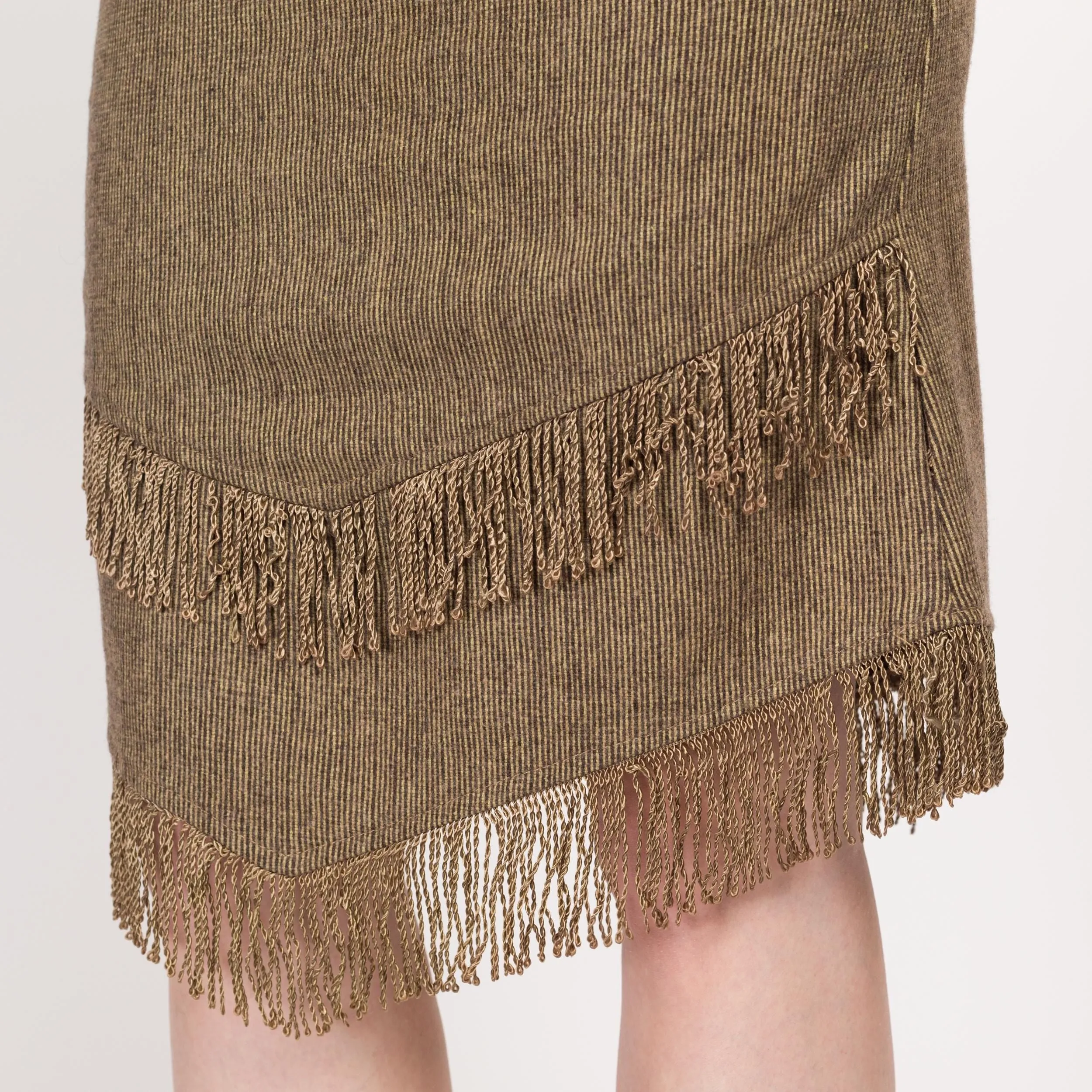 XS 90s Boho Olive Fringe Midi Skirt 25"