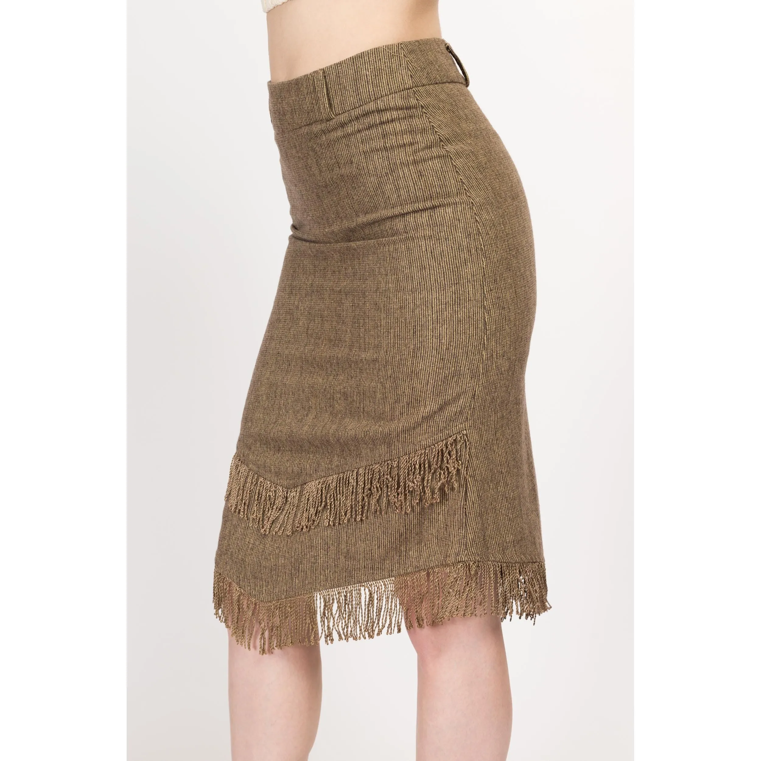 XS 90s Boho Olive Fringe Midi Skirt 25"